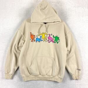 Keith Haring Hoodie Men L Beige Dancing Figures Streetwear Graffiti Pop Art 80s